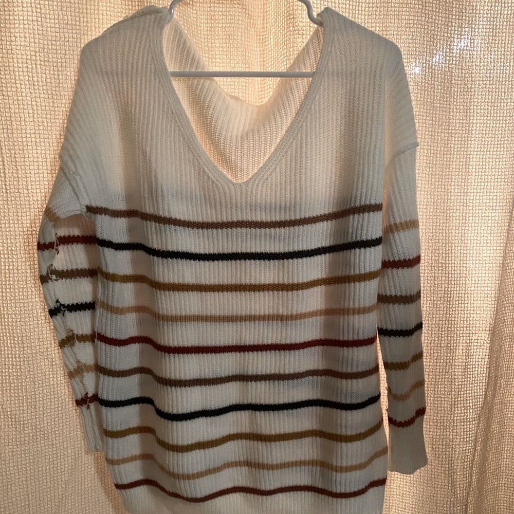 Knit striped V-neck off the shoulder sweater